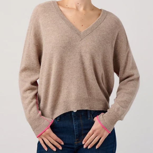 Lisa Todd Cashmere / Wool Tan & Pink V Neck Sweater - Picture 1 of 8